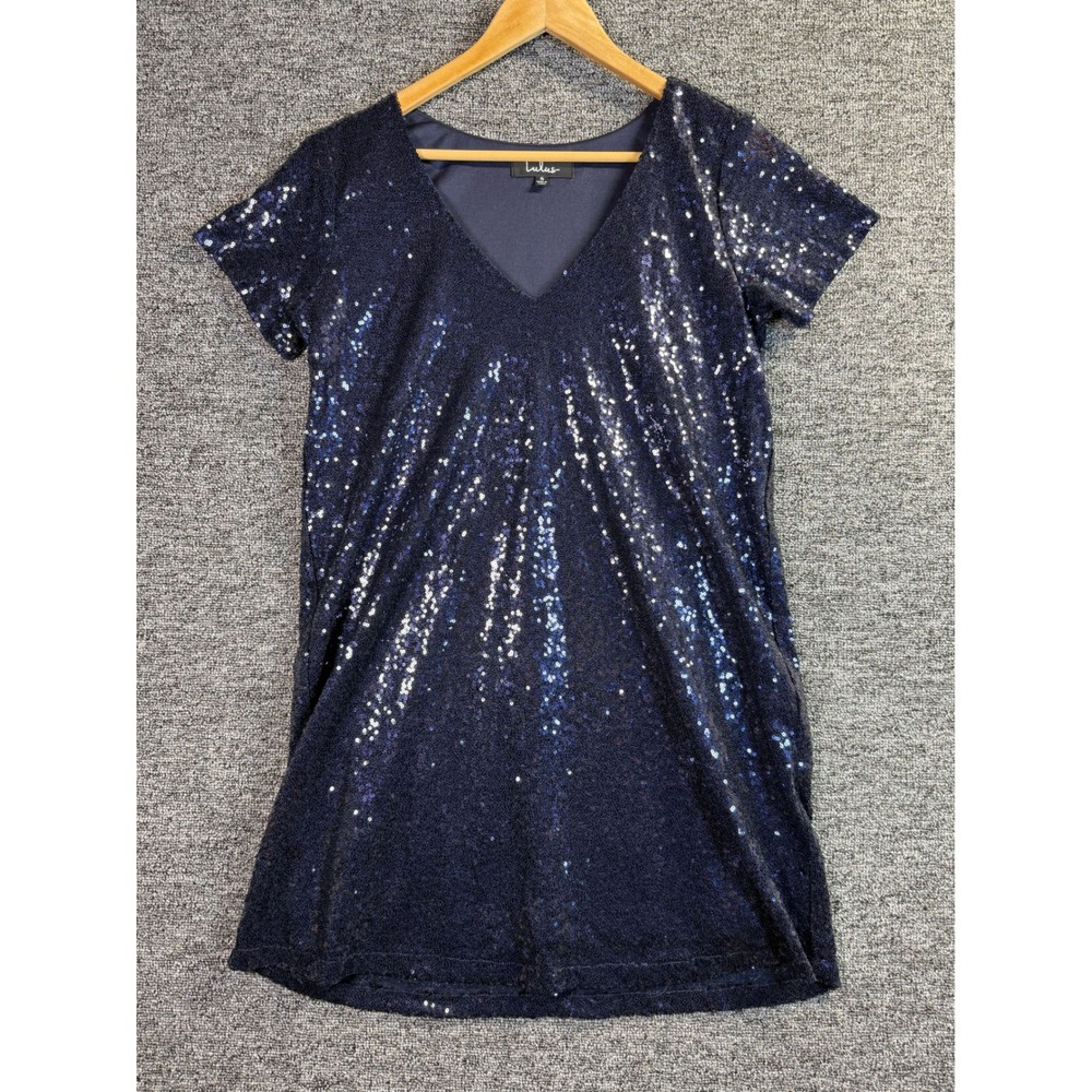 Lulus Navy Blue Sequin V-Neck Short Sleeve Shift Mini Dress Womens Small